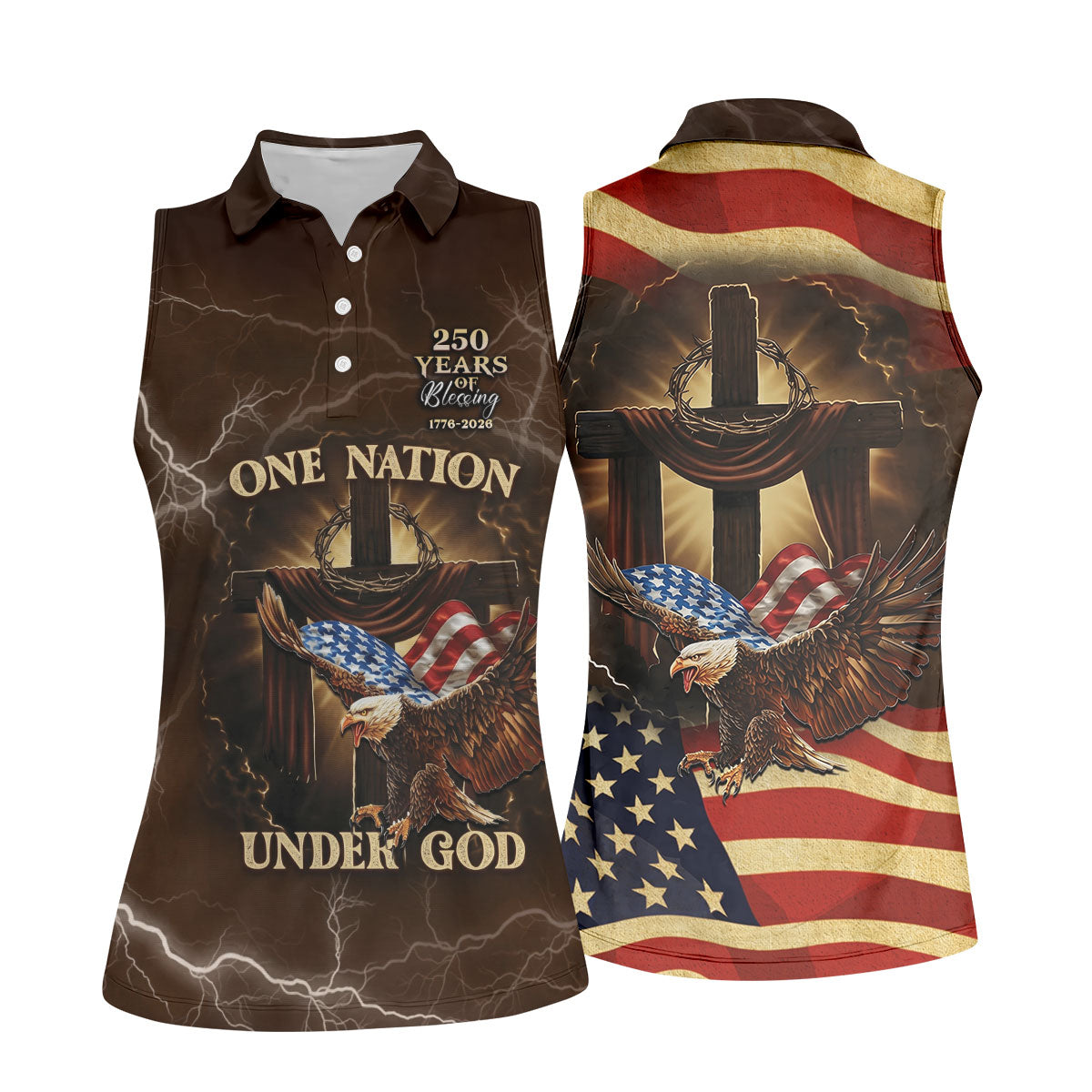 One Nation Under God 250 Years Faith Cross Patriotic Golf Shirt, 4th Of July Women's Golf Tops
