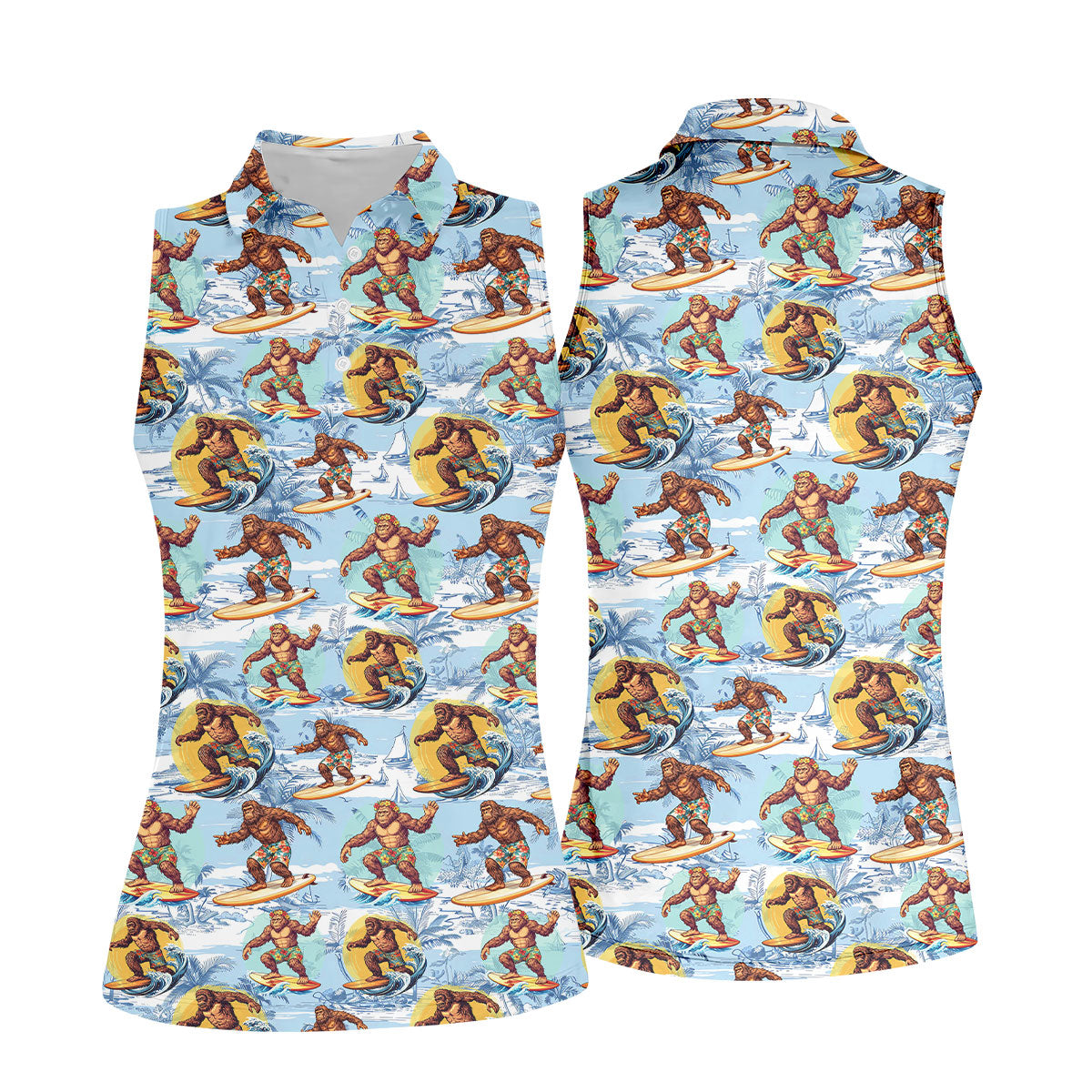 Surfing Bigfoot Hawaiian Golf Shirt, Womens Golf Tops, Golf Polo For Women