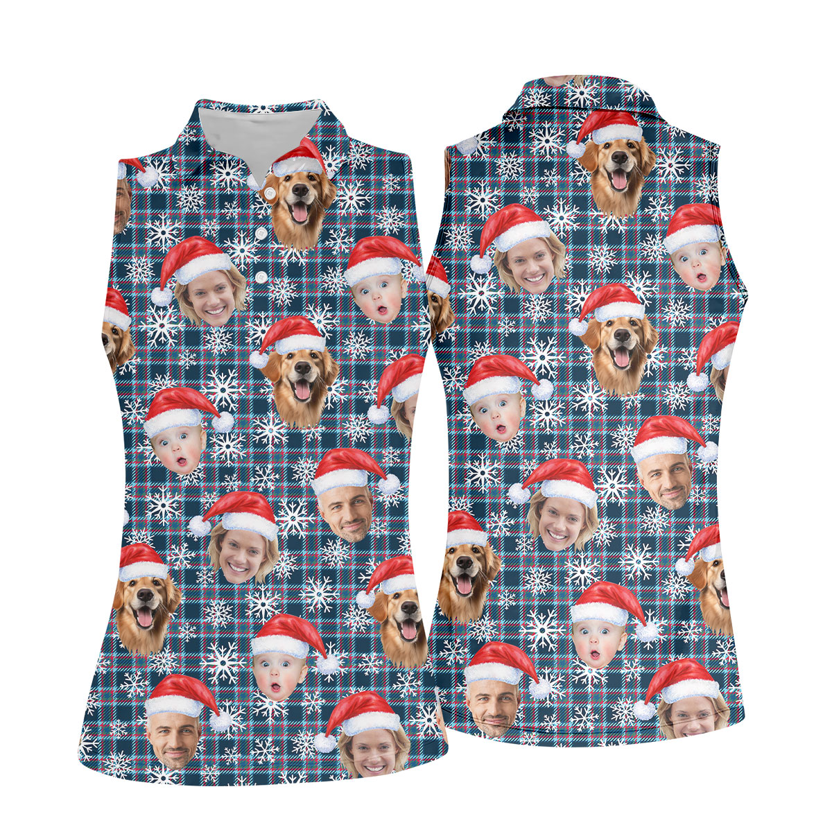 Custom Face Red And Blue Plaid Snowflakes Print Christmas Golf Shirt, Ladies Golf Tops, Golf Gifts For Women
