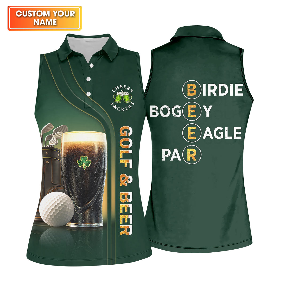 Birdie Bogey Eagle Par Cheers Fckers Golf And Beer St Patrick's Day Green Women's Golf Tops, Ladies Golf Polos
