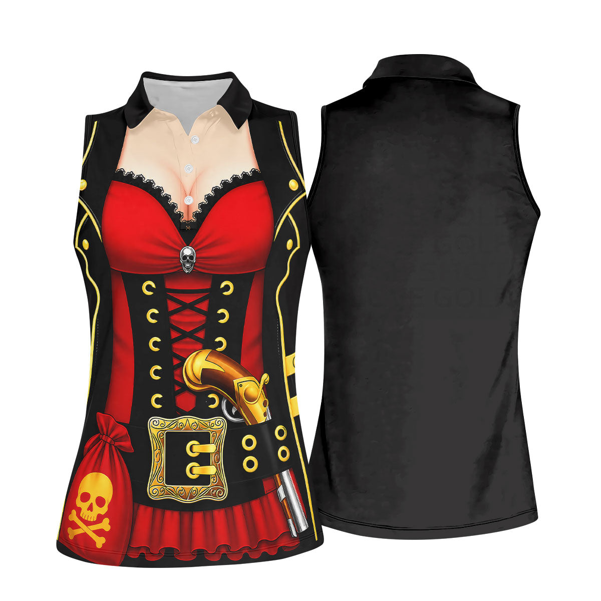 Red Corset Pirate Costume Skull Belt Golf Shirt, Women’s Golf Polo, Ladies Golf Tops, Printed Golf Shirt