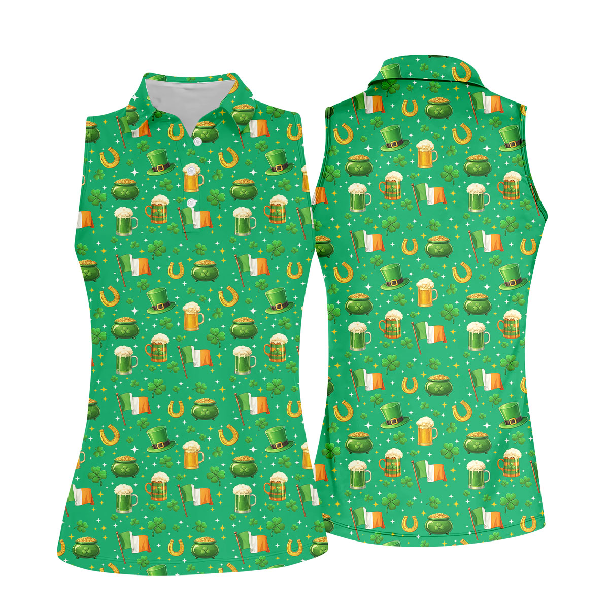 St Patrick's Day Pot Of Gold Leprechaun Hats Irish Flag Women's Golf Tops, Ladies Golf Shirts