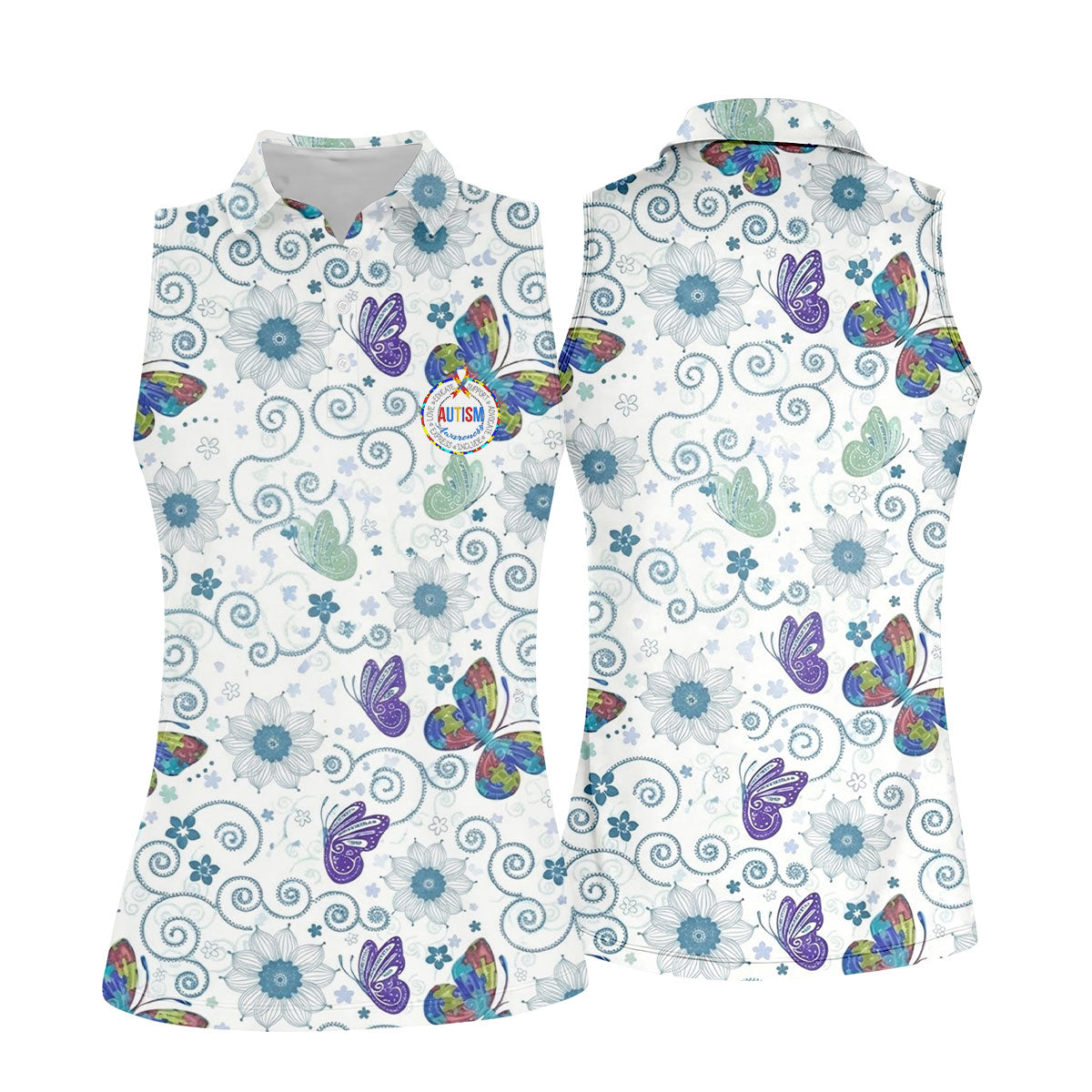 Autism Awareness Flower And Butterfly Puzzle Ribbon Golf Shirt For Women, Ladies Golf Polos