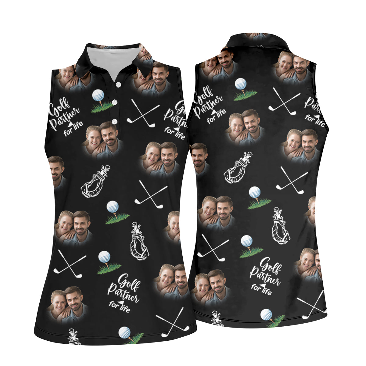 Golf Partner For Life Custom Photo Black Women Golf Top, Valentines Golf Gift, Ladies Golf Polos