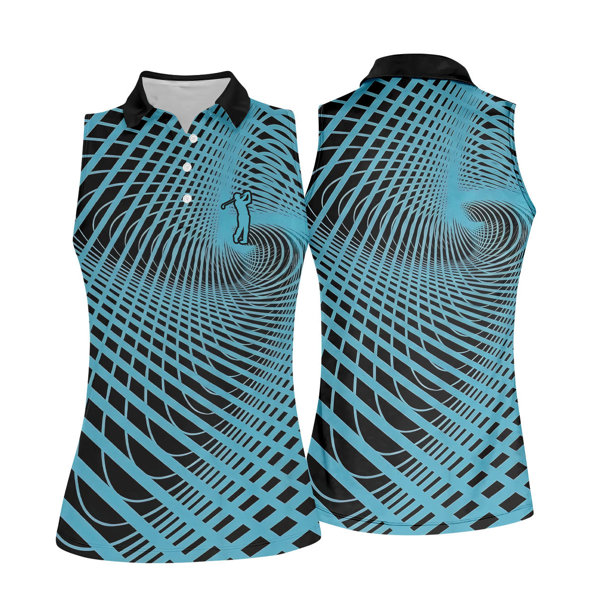 Swirling Vortex Black And Light Blue Women's Golf Tops, Ladies Golf Shirts, Ladies Golf Polos