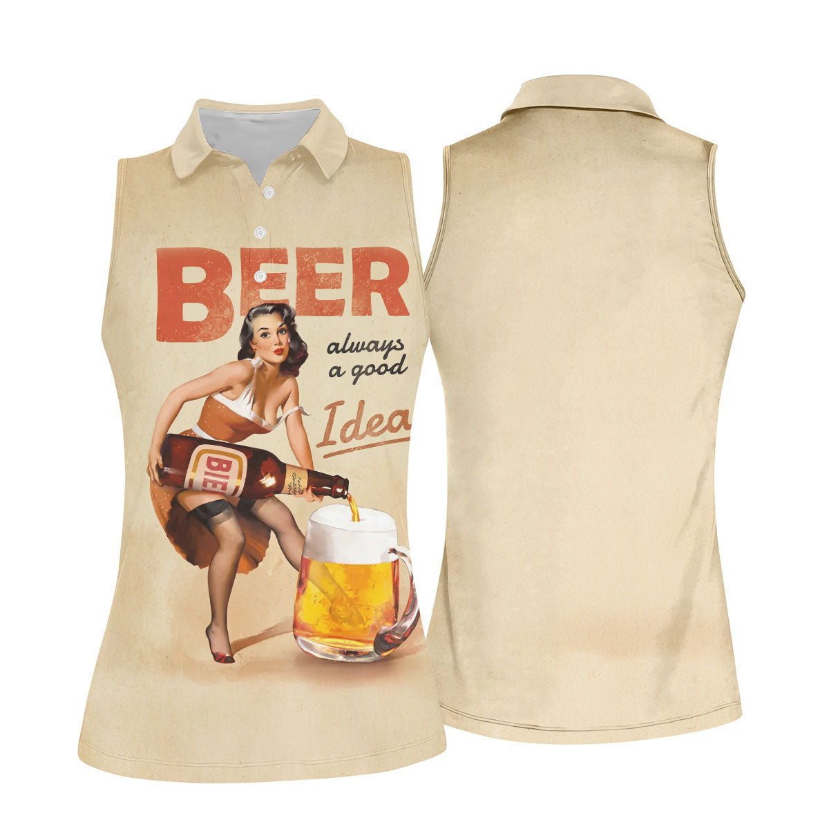 Vintage Beer Pin-Up Girl Design Golf Shirt, Women's Golf Shirt, Hawaiian Golf Shirt, Golf Polo For Women