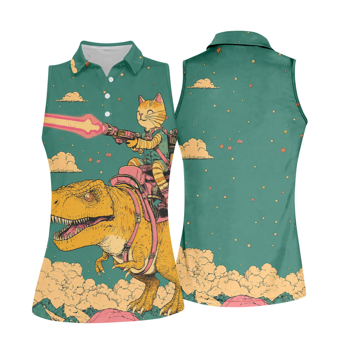 Laser Cat Dinosaur Golf Shirt, Retro Sci Fi T Rex Adventure Pattern, Golf Shirt For Women