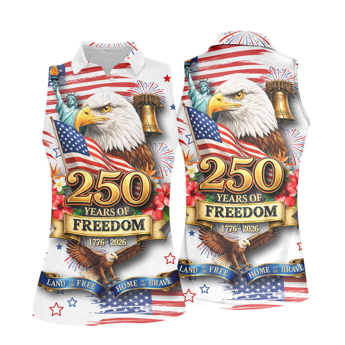 250 Years Of Freedom 1776-2026 White 4th Of July Women Golf Top, 250th Anniversary Patriotic Golf Shirt