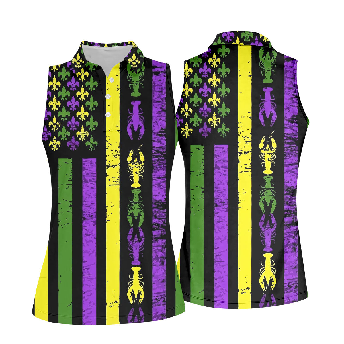 Mardi Gras Flag Fleur-De-Lis Symbol Crawfish Pattern Women's Golf Tops, Women's Golf Shirts, Ladies Golf Polos