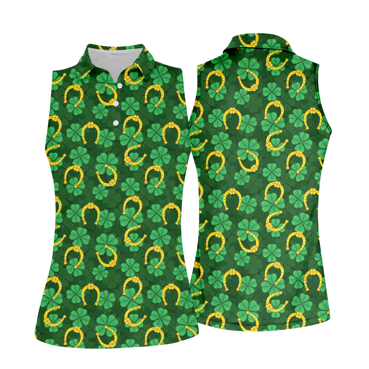 Four Leaf Clovers Golden Horseshoes St Patrick's Day Golf Shirt, Women's Golf Tops, Ladies Golf Polos