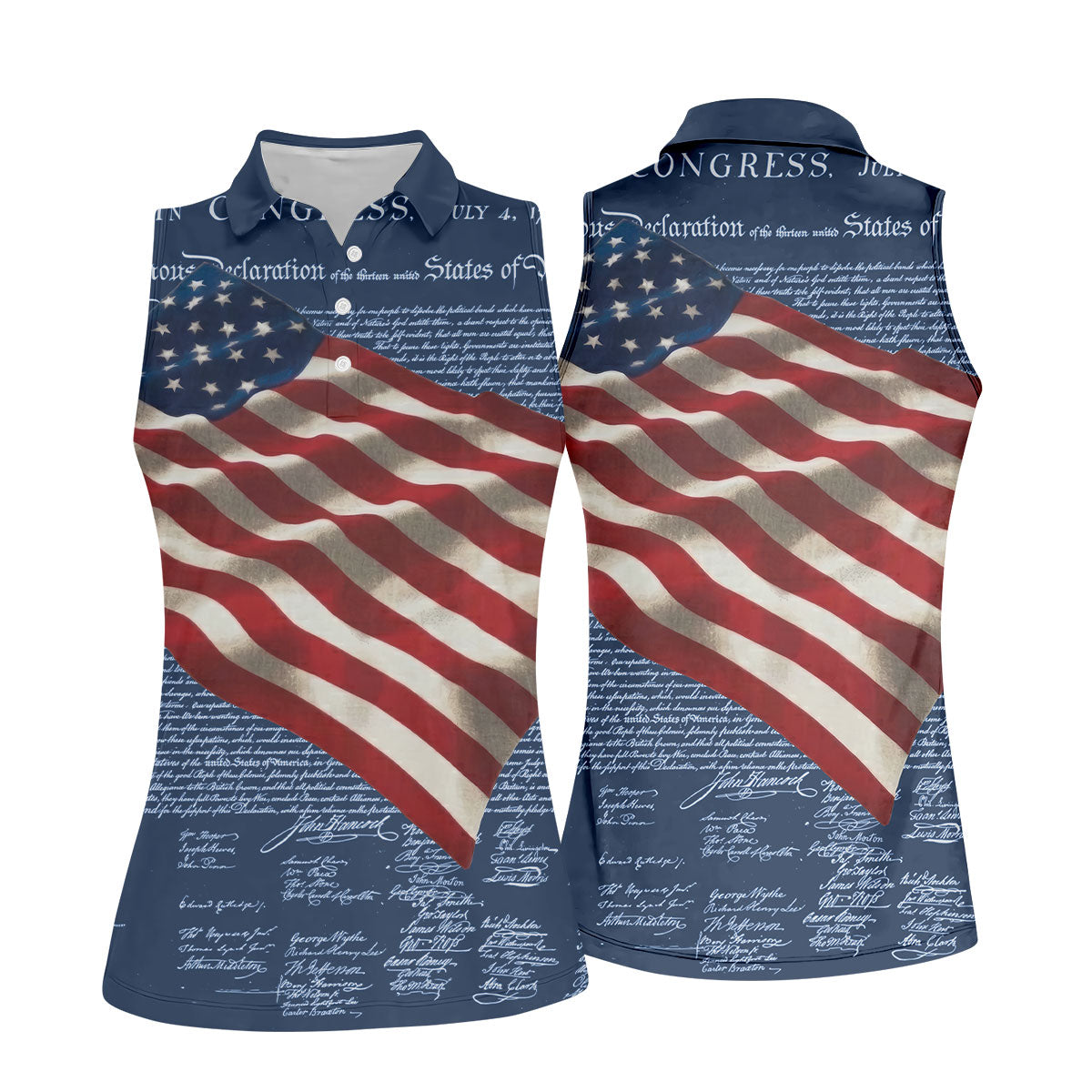 Patriotic American Flag Declaration Of Independence 4th Of July Navy Golf Shirt, 250th Anniversary Ladies Golf Shirts