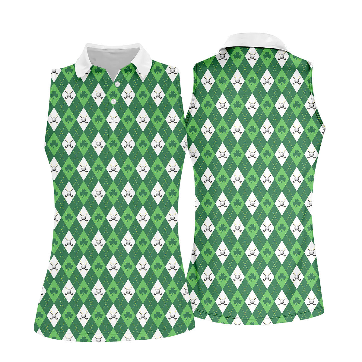 St Patrick's Day Shamrock Argyle Pattern Green And White Argyle Golf Shirt, Women's Golf Tops, Ladies Golf Polos