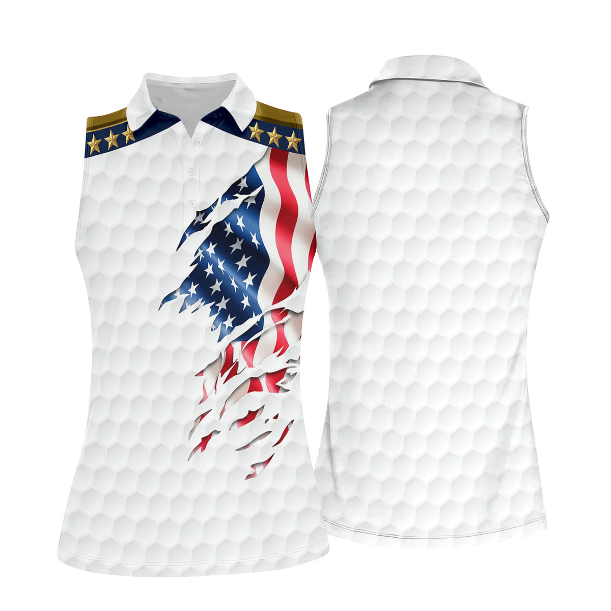 Rugged American Flag With Golf Ball Pattern 4th Of July Women Golf Top, 250th Anniversary Patriotic Golf Shirt
