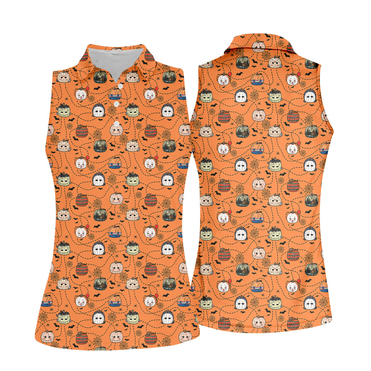 Orange Horror Character Pumpkin Pattern Golf Polo Shirt, Ladies Golf Shirts, Womens Golf Tops