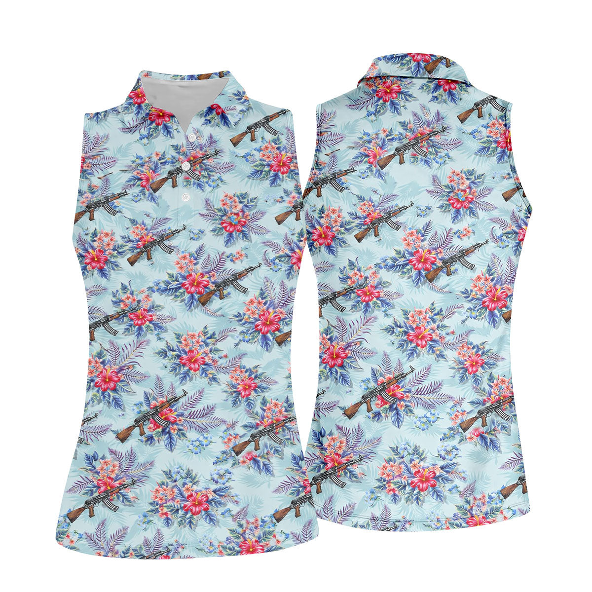 Hawaiian Floral Military Theme Light Blue Golf Shirt, Ladies Golf Shirts, Women's Polo Shirt