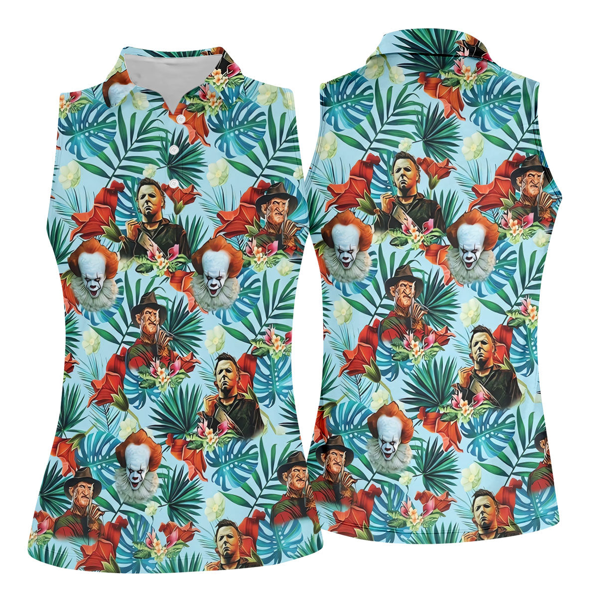 Tropical Horror Character Hawaiian Golf Shirt, Women’s Golf Polo, Halloween Golf Shirt