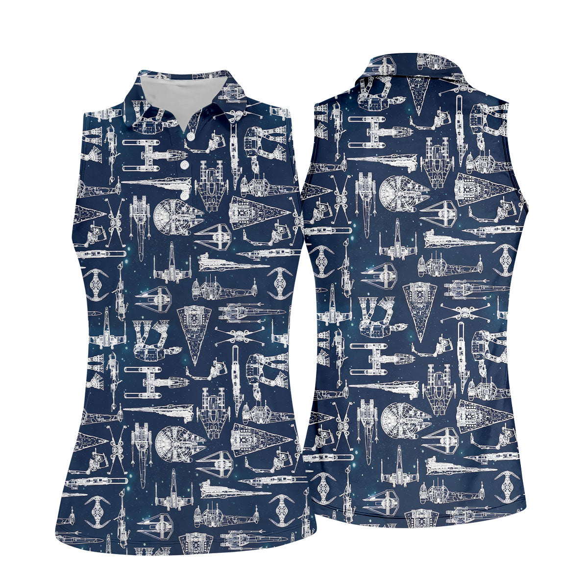 Line-art Sketches Sci-Fi Spacecraft Dark Navy Women's Golf Tops, Ladies Golf Shirts, Ladies Golf Polos