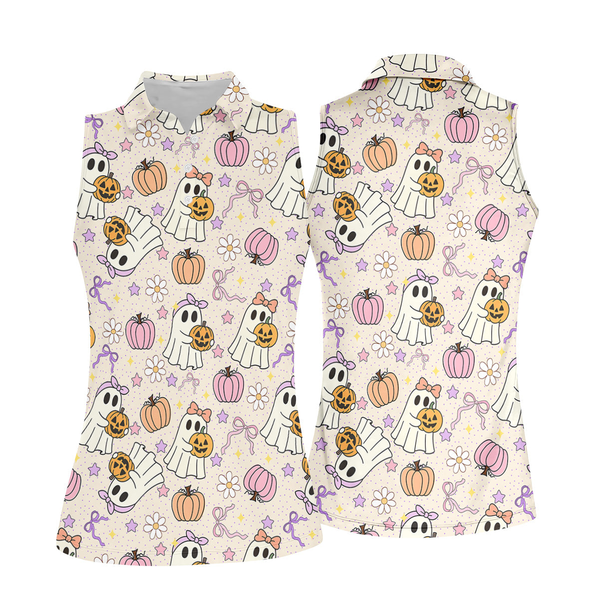 Halloween Seamless Pattern Cute Golf Shirt, Retro Halloween Ladies Golf Tops, Golf Gifts For Women