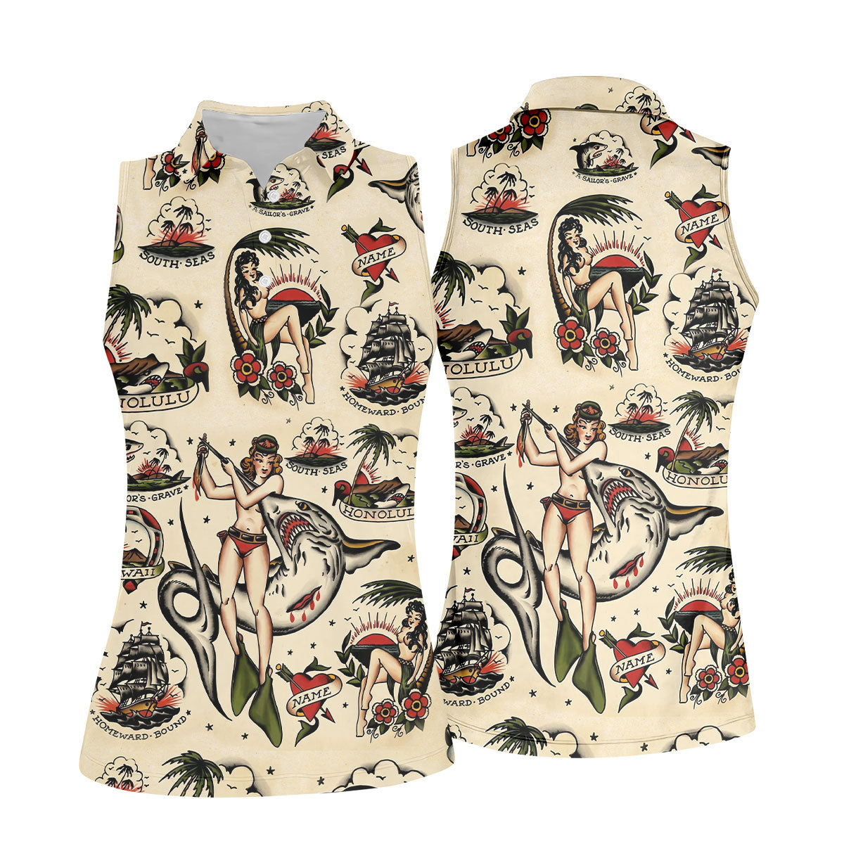 Vintage Hawaiian Pin Up Shark Tattoo Golf Shirt, Ladies Golf Shirts, Women’s Golf Apparel