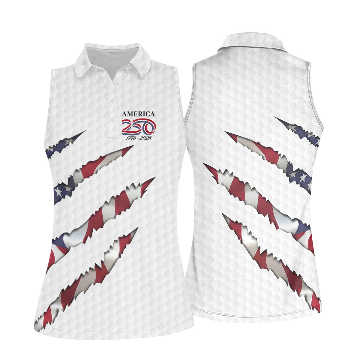 America 250 1776-2026 Scratched Flag Golf Ball Pattern White Golf Shirt, Patriotic 4th Of July Golf Shirt For Women