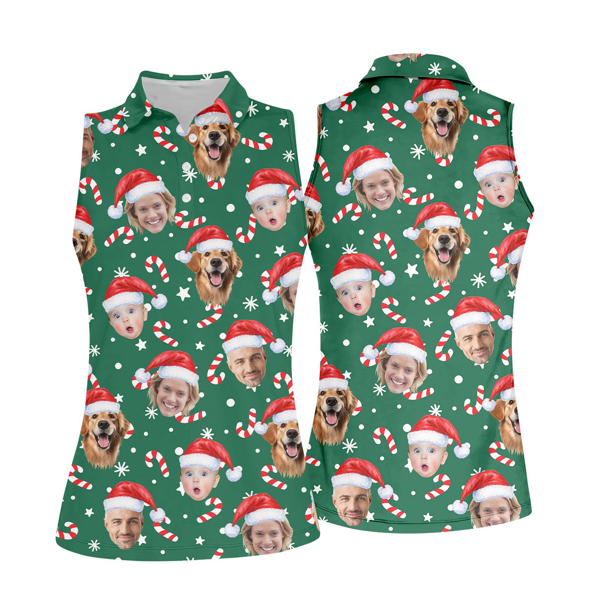 Custom Face Candy Cane Pattern Green Golf Shirt, Christmas Golf Shirt, Women's Golf Tops, Ladies Golf Shirts