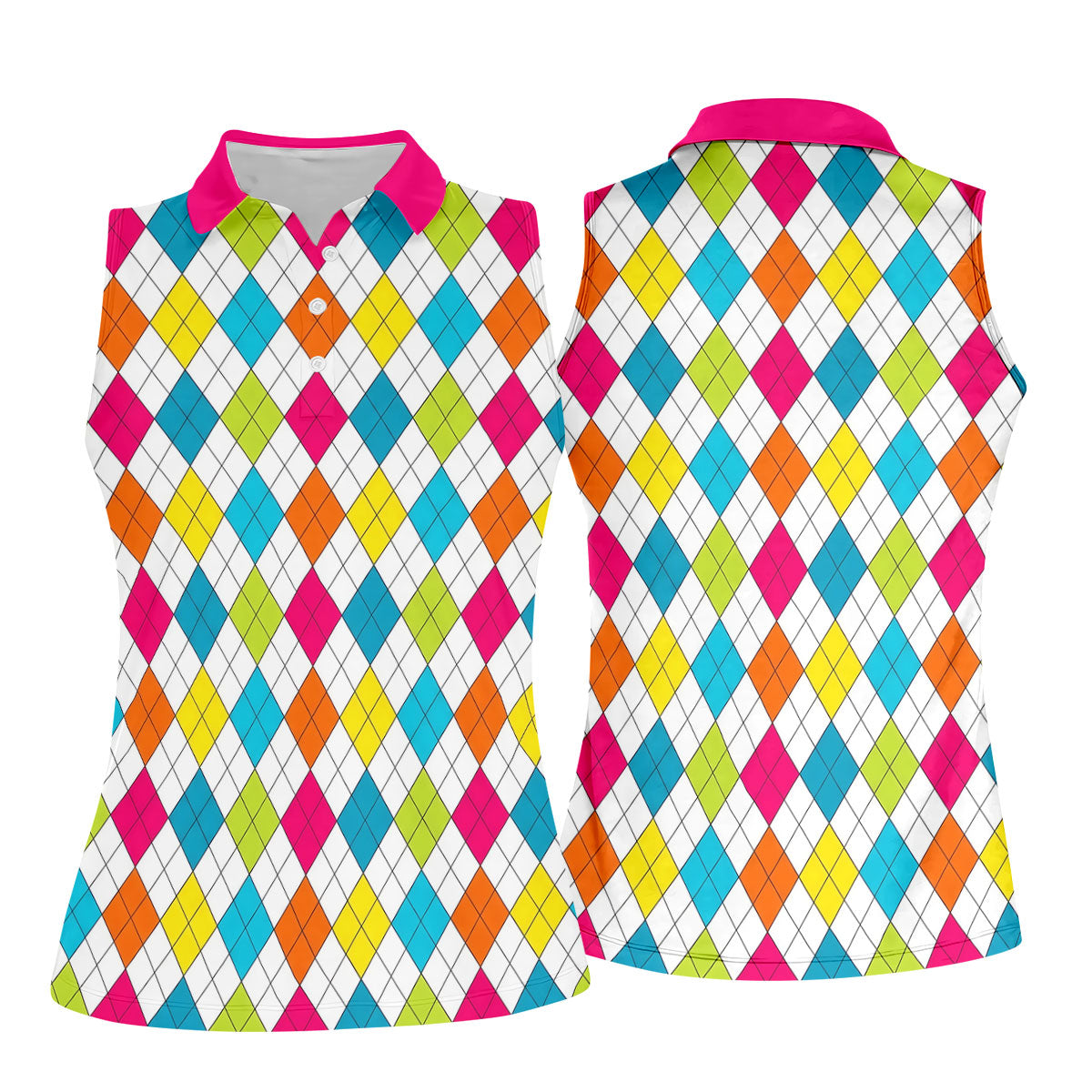 Pink Sleeve Colorful Argyle Plaid Golf Shirt, Golf Polo For Women, Printed Golf Shirt