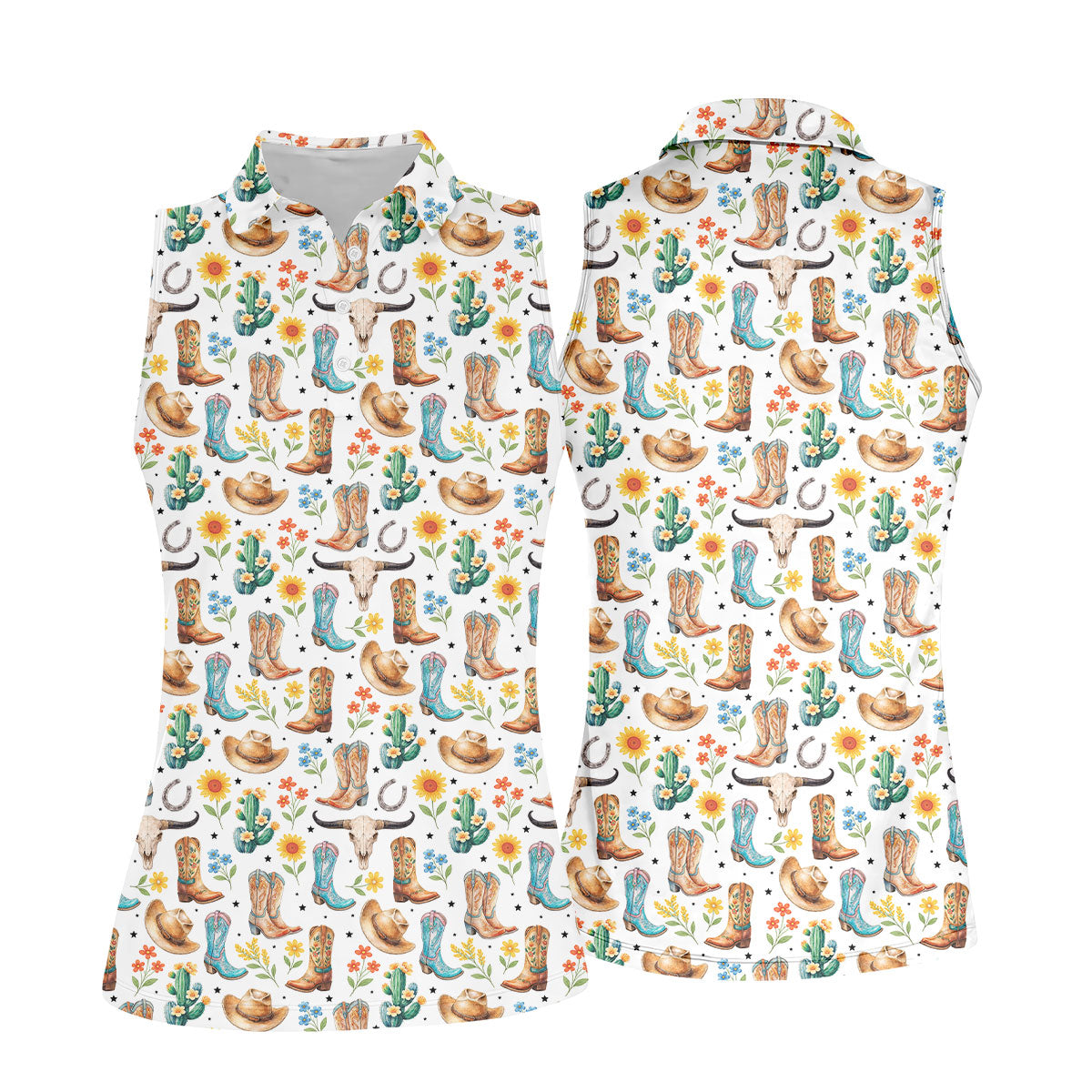 Western Cowboy Boots Floral Pattern Golf Shirt, Women’s Golf Apparel, Golf Shirts For Women