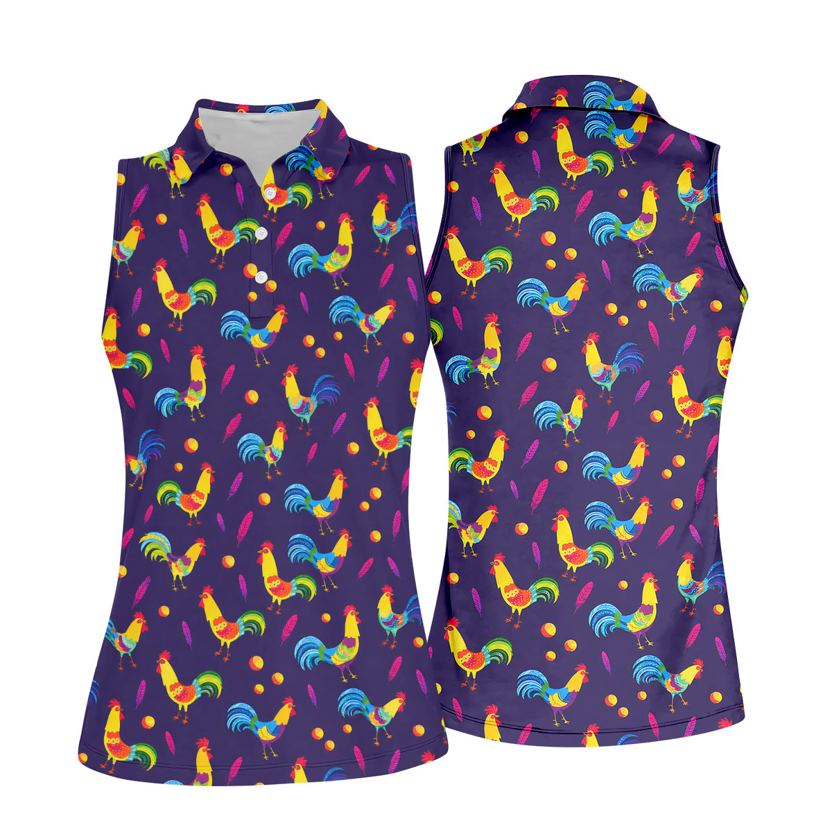 Retro Rooster Golf Shirt, Colorful Country Pattern Polo, Polo Shirts For Women
