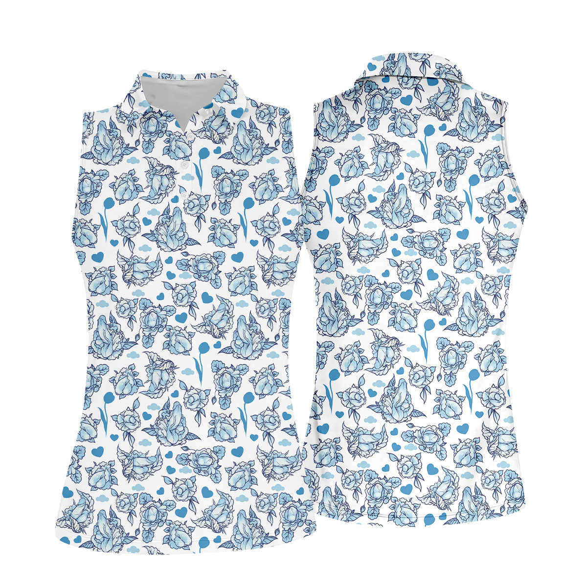 Blue Rose Floral Heart Pattern Golf Shirt, Women's Golf Tops, Golf Polo For Women