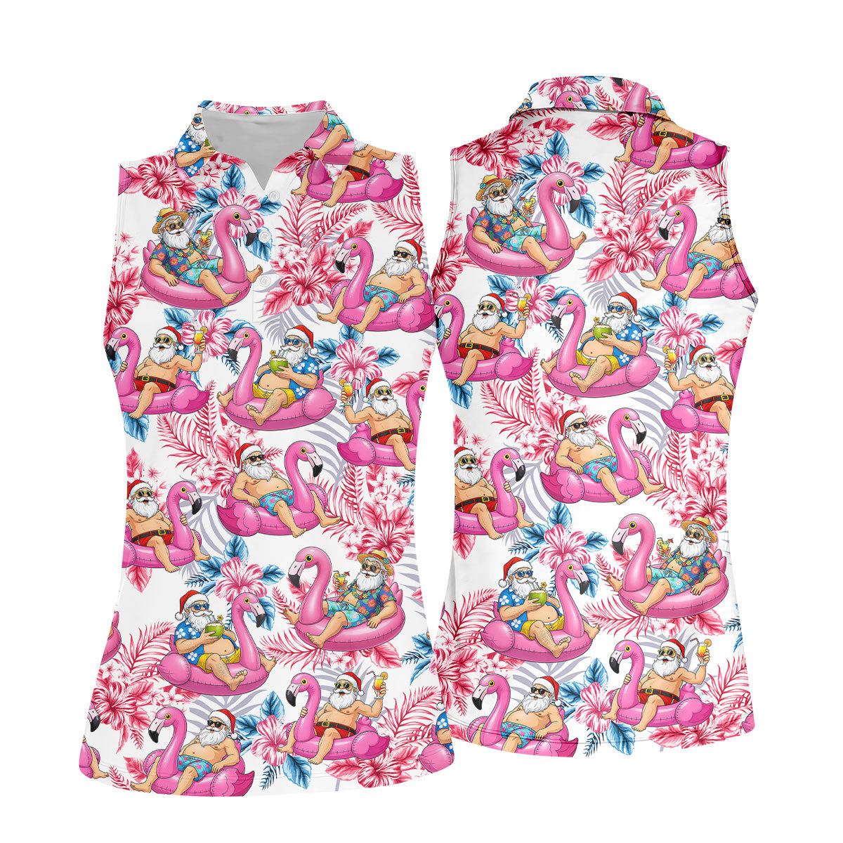 Santa Flamingo Float Tropical Christmas Golf Shirt, Christmas Shirts For Women, Christmas Golf Shirt