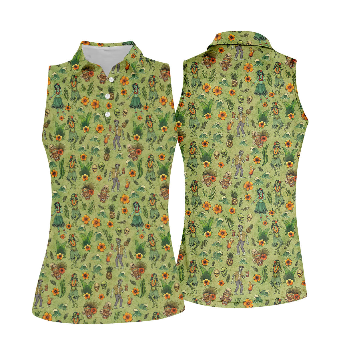 Tiki Zombie Hawaiian Golf Shirt, Hula Dancer Skull Pattern, Polo Shirts For Women