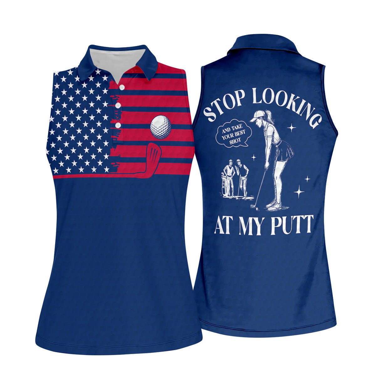 Stop Looking At My Putt US Flag Pattern Funny Golf Shirt, 250 Years 4th Of July Patriotic Golf Shirt For Women