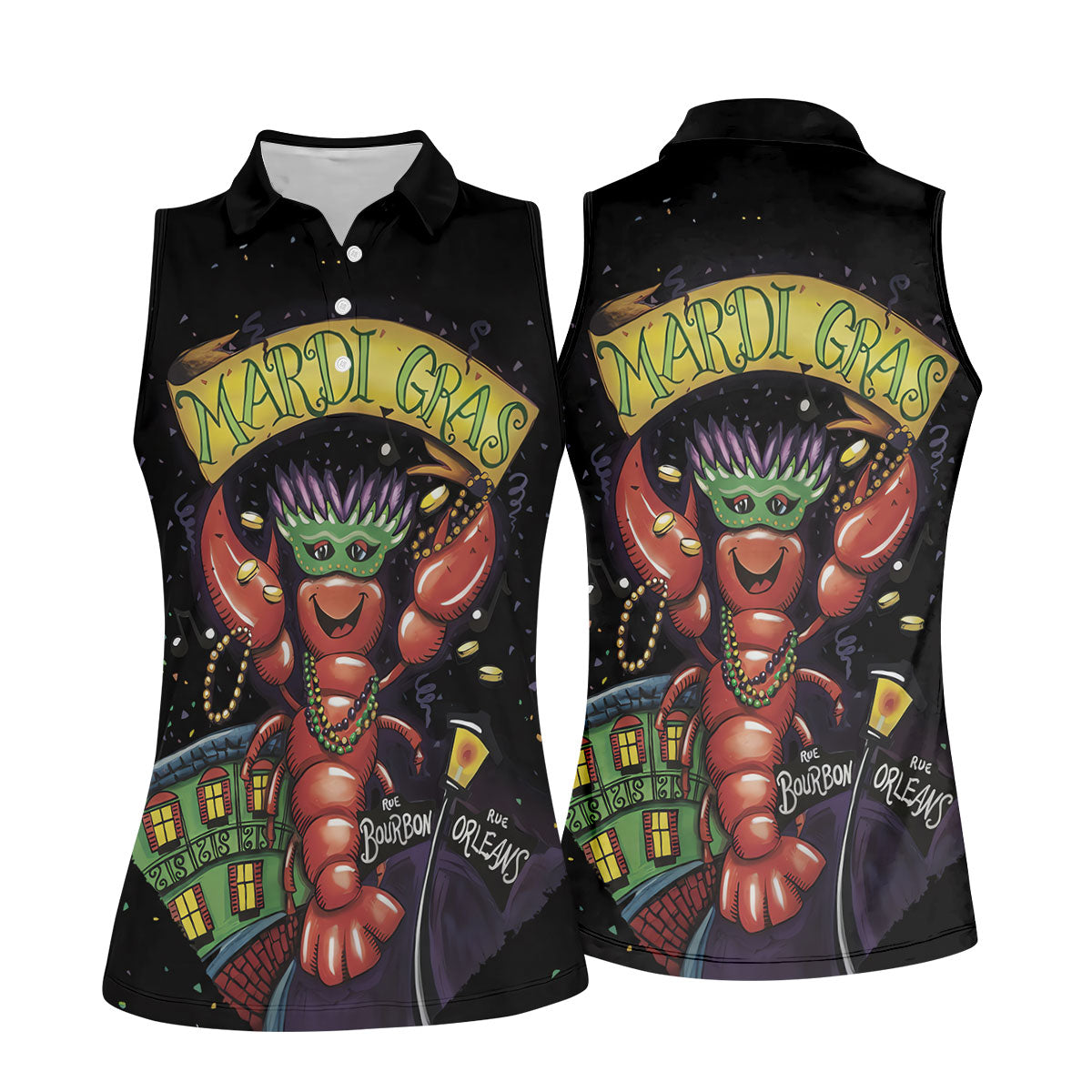 Mardi Gras Crawfish Rue Bourbon Black Golf Shirt, Women's Golf Tops, Ladies Golf Shirt
