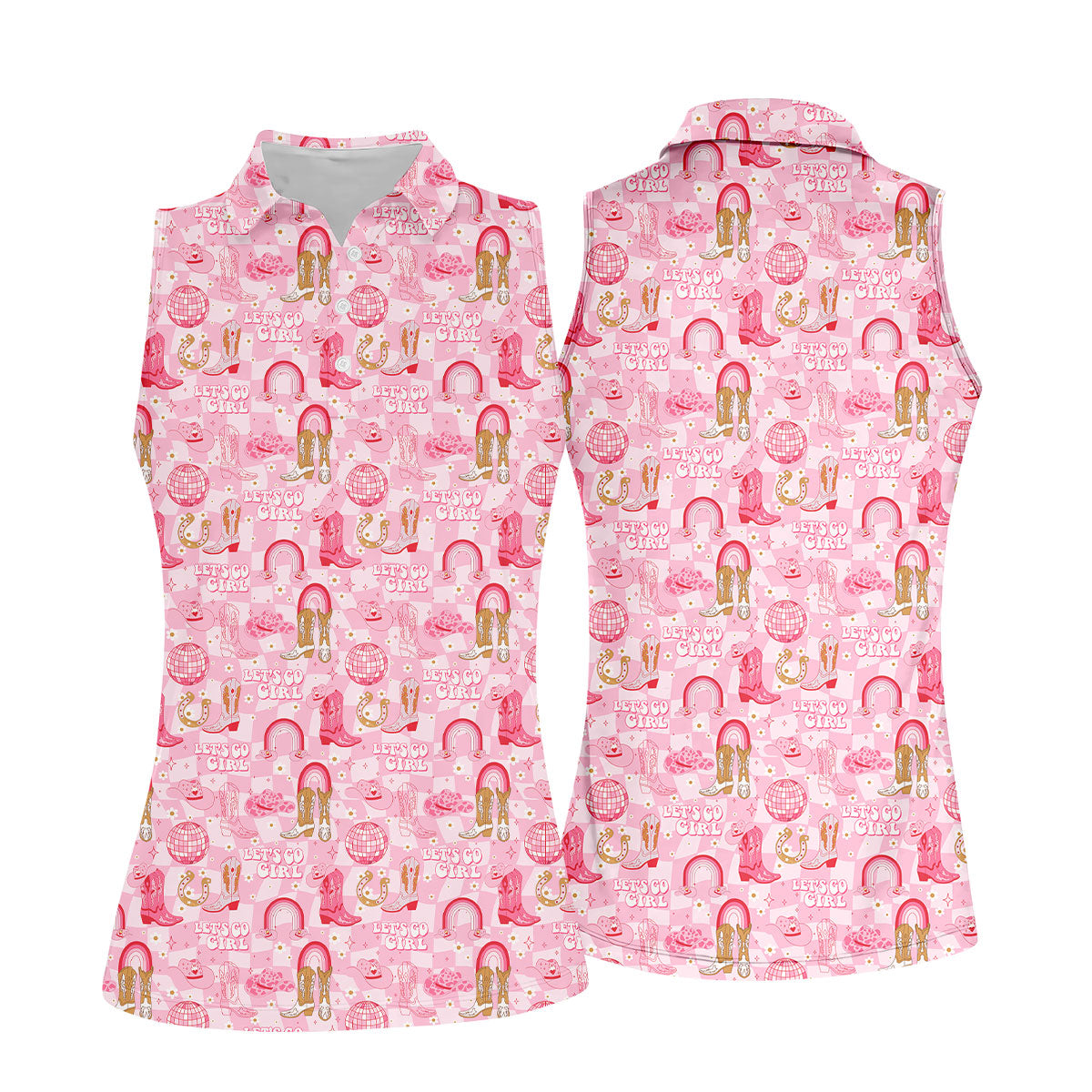 Let's Go Girl Pink Checkered Western Cowgirl Women's Golf Tops, Ladies Golf Polos, Golf Shirt For Women