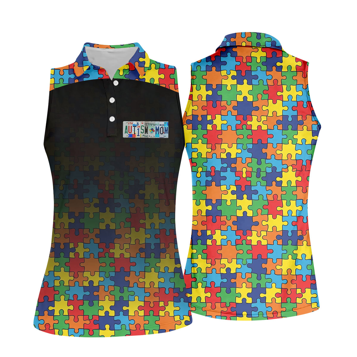 Autism Mom Colorful Puzzles Black Faded Women's Golf Tops, Golf Shirt For Women, Unique Mother's Day Gifts