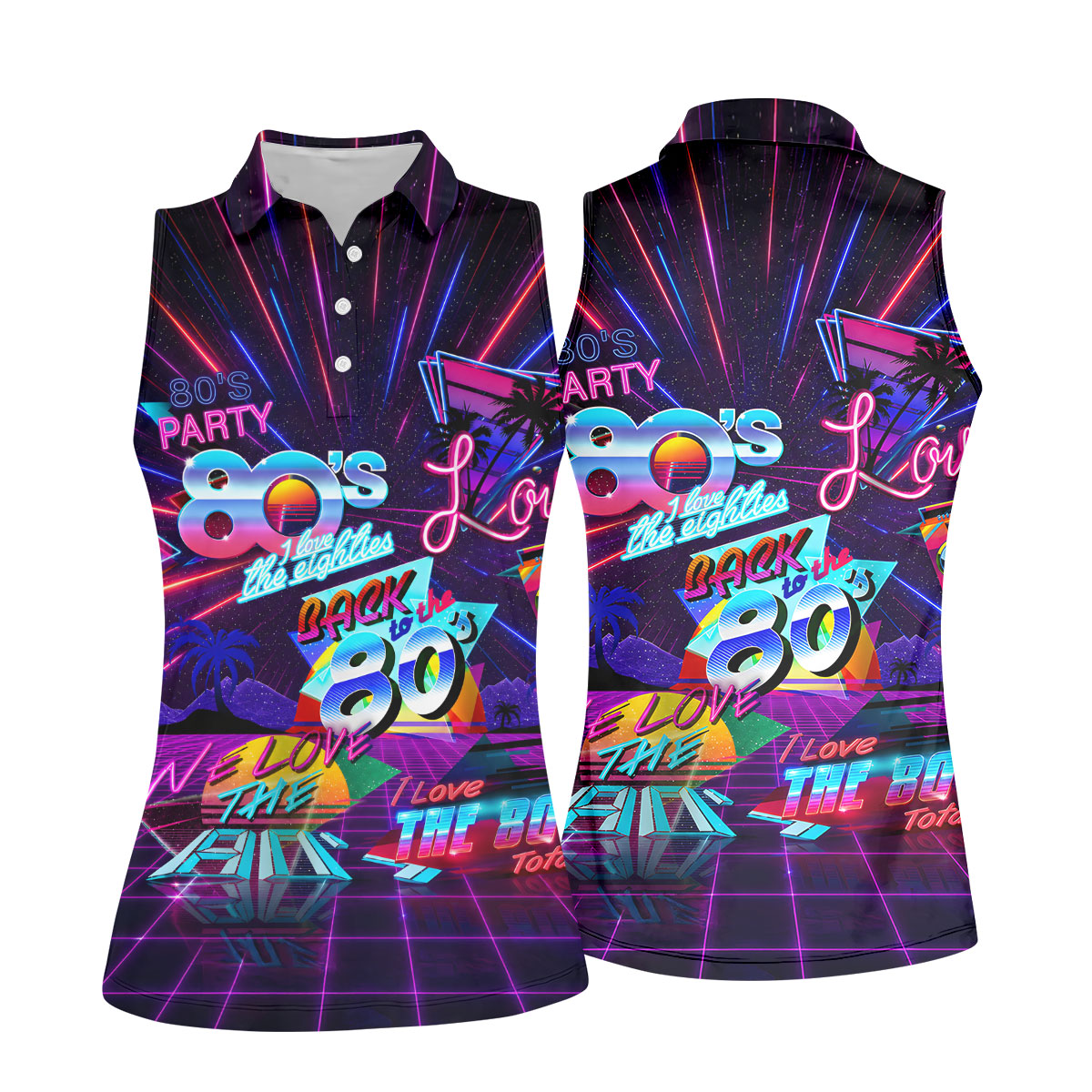 80s Retro Party Golf Shirt, Neon Synthwave Sunset Pattern, Golf Shirt For Women