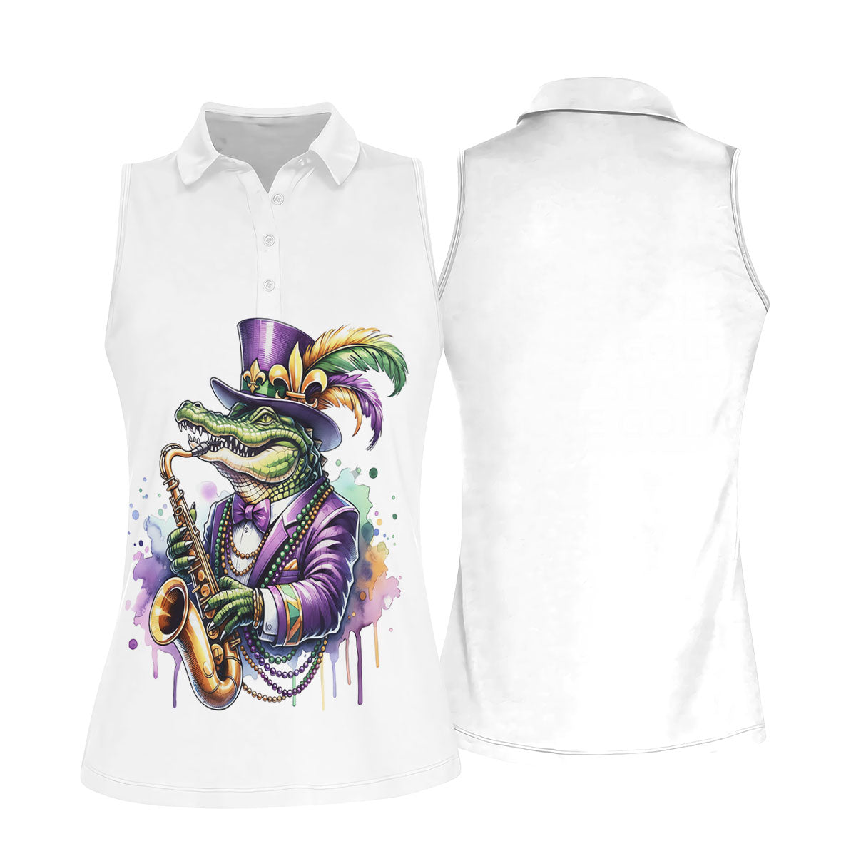 Mardi Gras Alligator Playing Saxophone White Golf Shirt, Women's Golf Tops, Ladies Golf Shirt