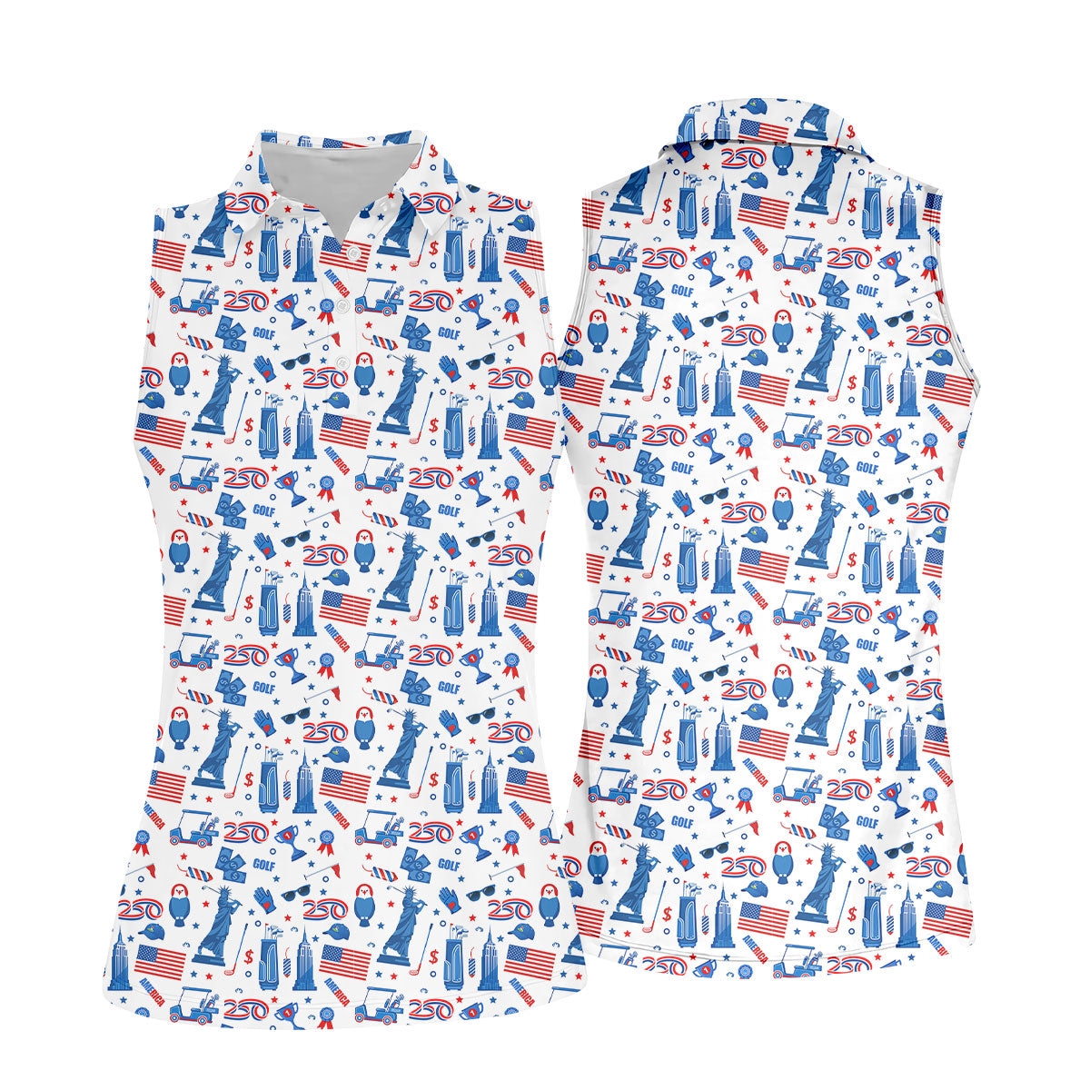 Funny Statue Of Liberty Golf Pose 4th Of July Red White Blue Women Golf Top, 250th Anniversary Patriotic Golf Shirt