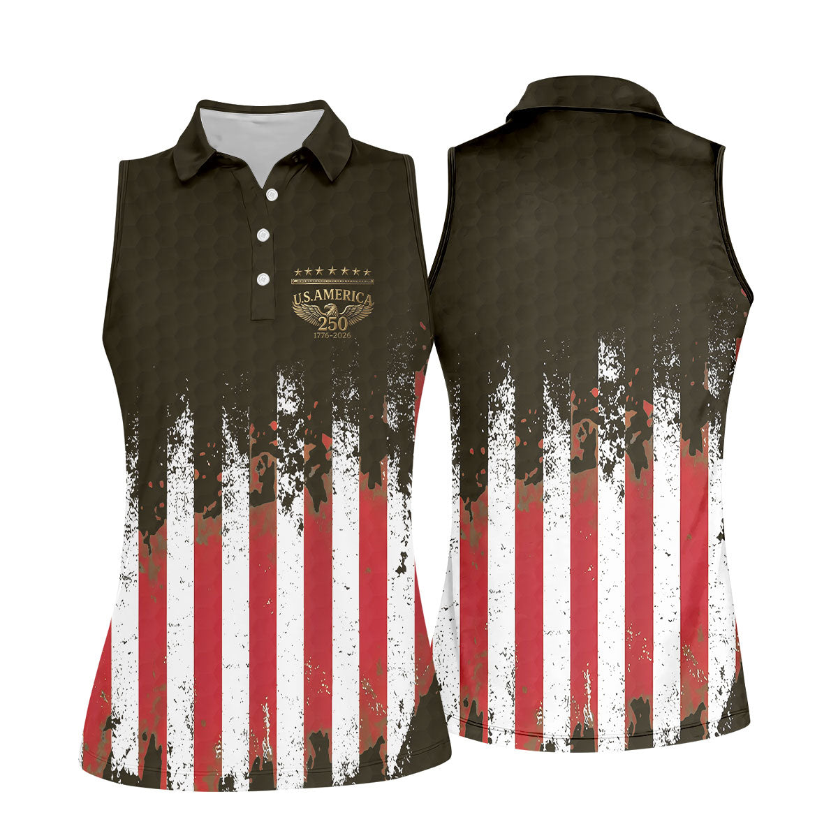 US Bald Eagle Golf Ball Pattern Distressed American Flag Women Golf Top, 250th Anniversary 4th Of July Golf Shirt