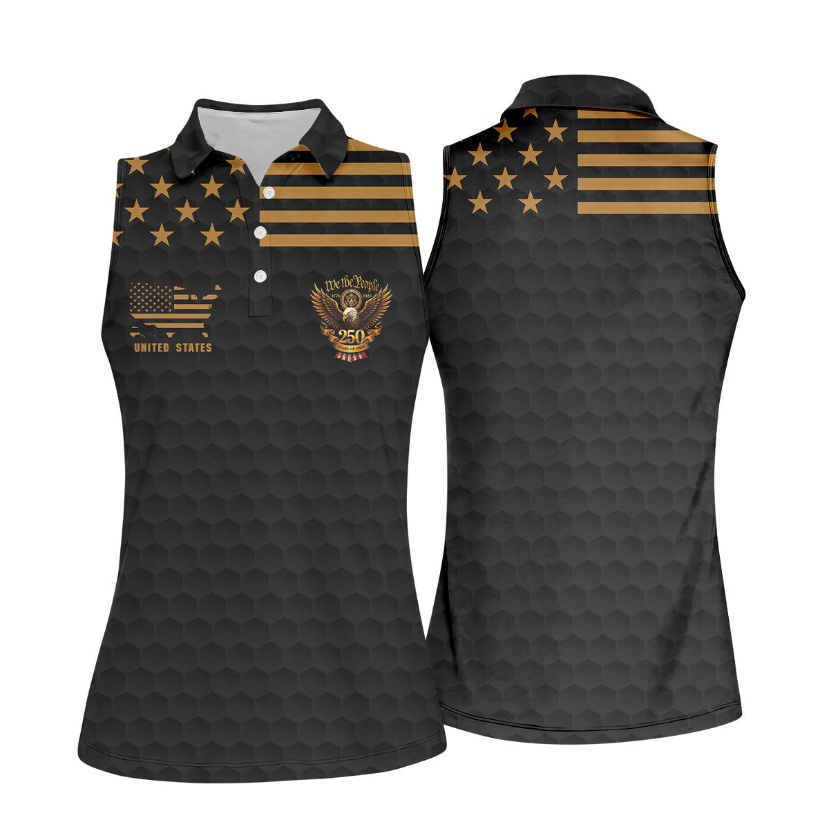 We The People 250 Years Golf Ball Pattern Black Golf Shirt, 4th Of July Patriotic Golf Shirt For Women