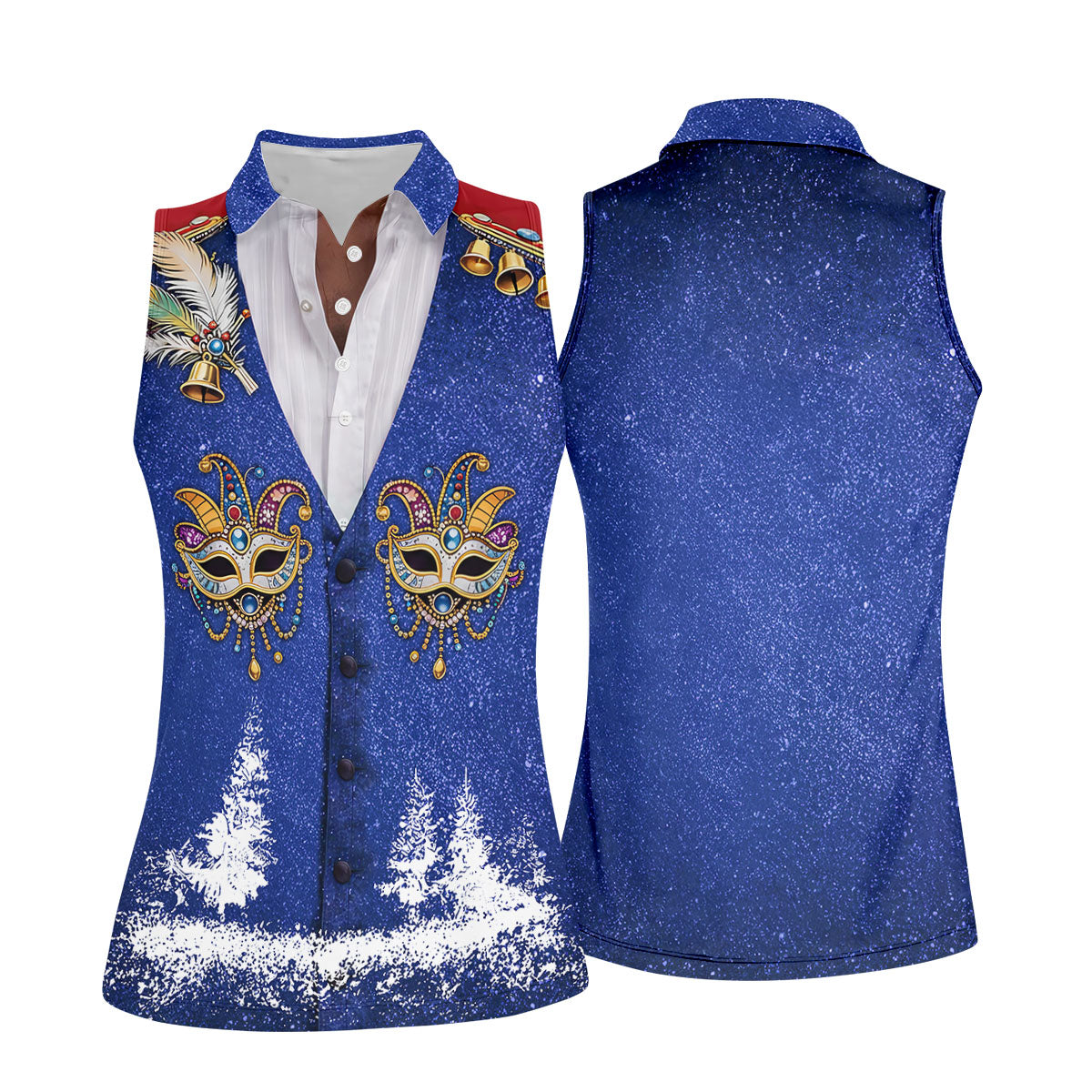 Masquerade Mask Feather Mardi Gras Glitter Print Blue Golf Shirt, Women's Golf Tops, Ladies Golf Shirts