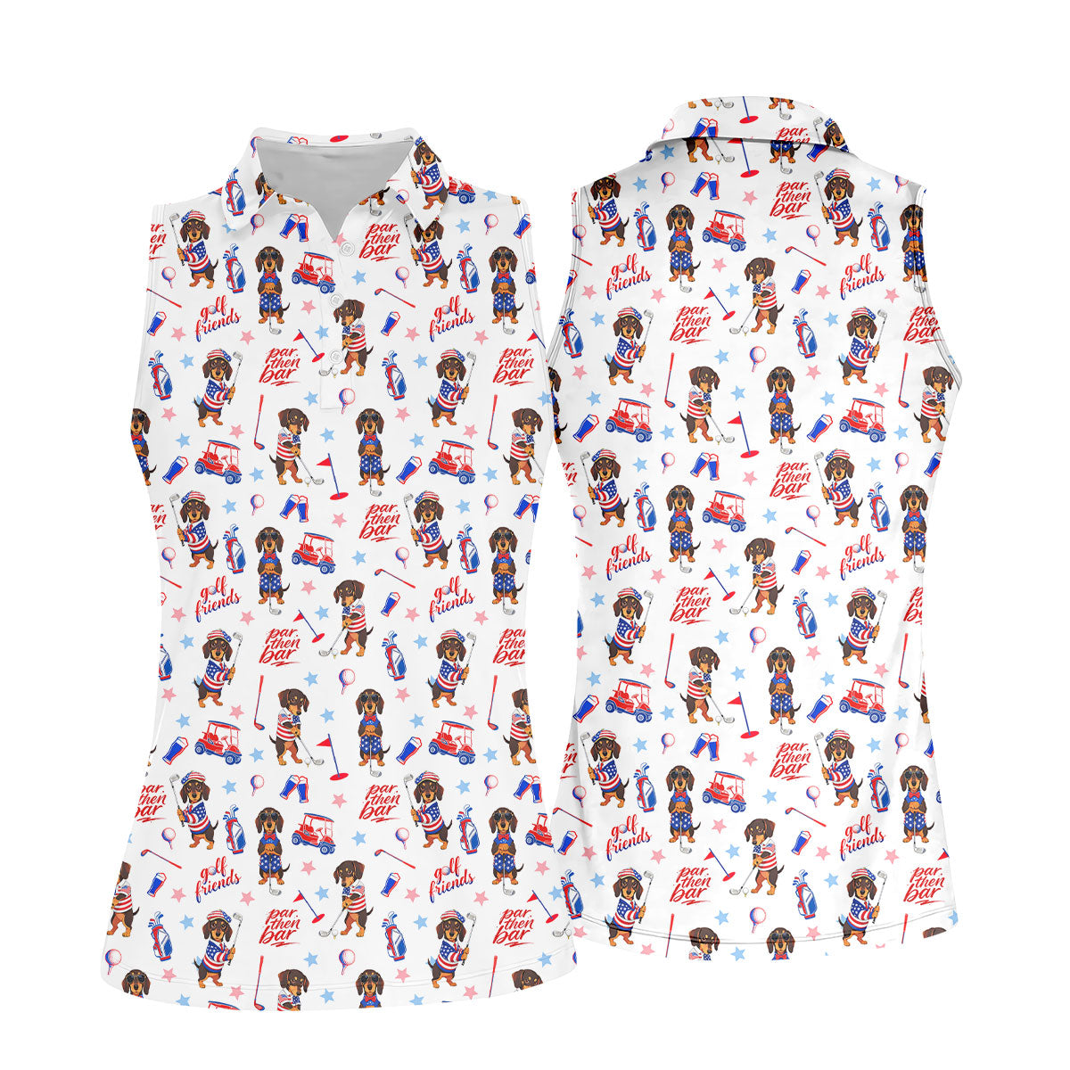 Par Then Bar Cute Dachshund Golf Pose 4th Of July Women Golf Top, 250th Anniversary Patriotic Golf Shirt