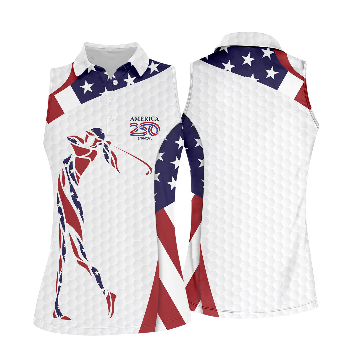 America 250 Golfer Pose Golf Ball Pattern 4th Of July Golf Shirt, Patriotic Golf Shirt, Golf Shirt For Women