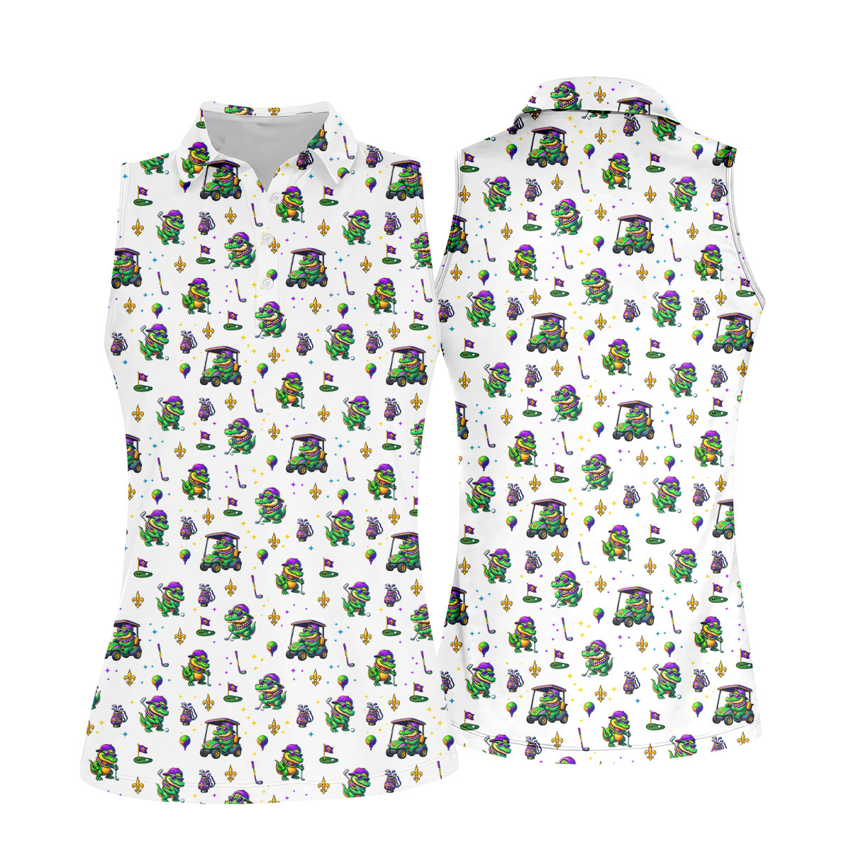 Funny Crocodile Mardi Gras Golf Shirts, White Golf Shirt, Festive Women Golf Top, Ladies Golf Shirts