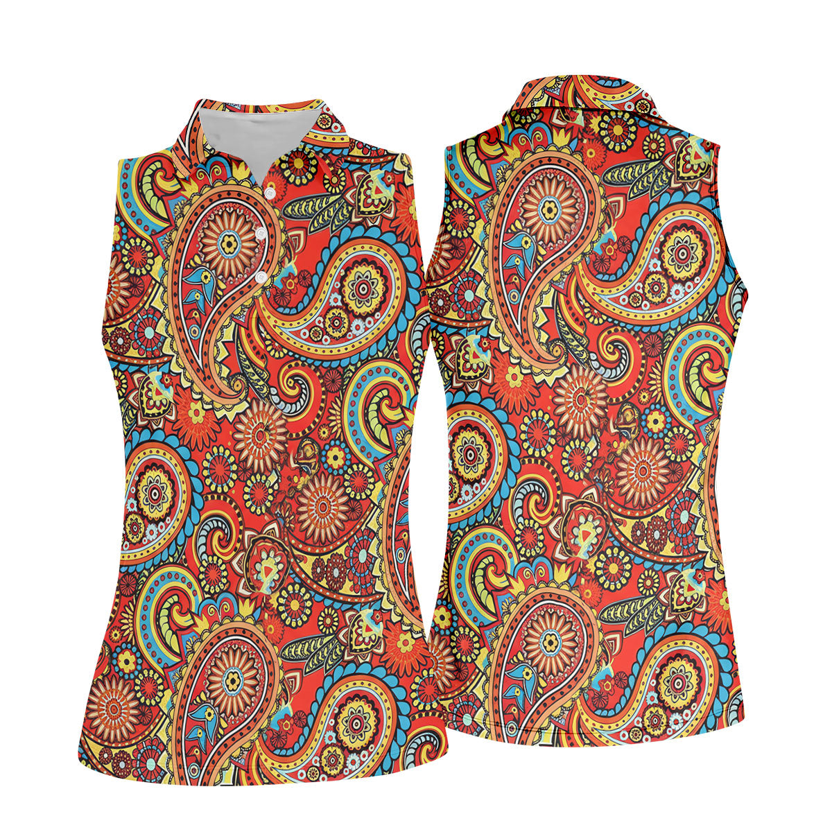 Paisley Design Golf Shirt For Women, Boho Pattern Ladies Golf Shirts, Women's Sleeveless Golf Shirts