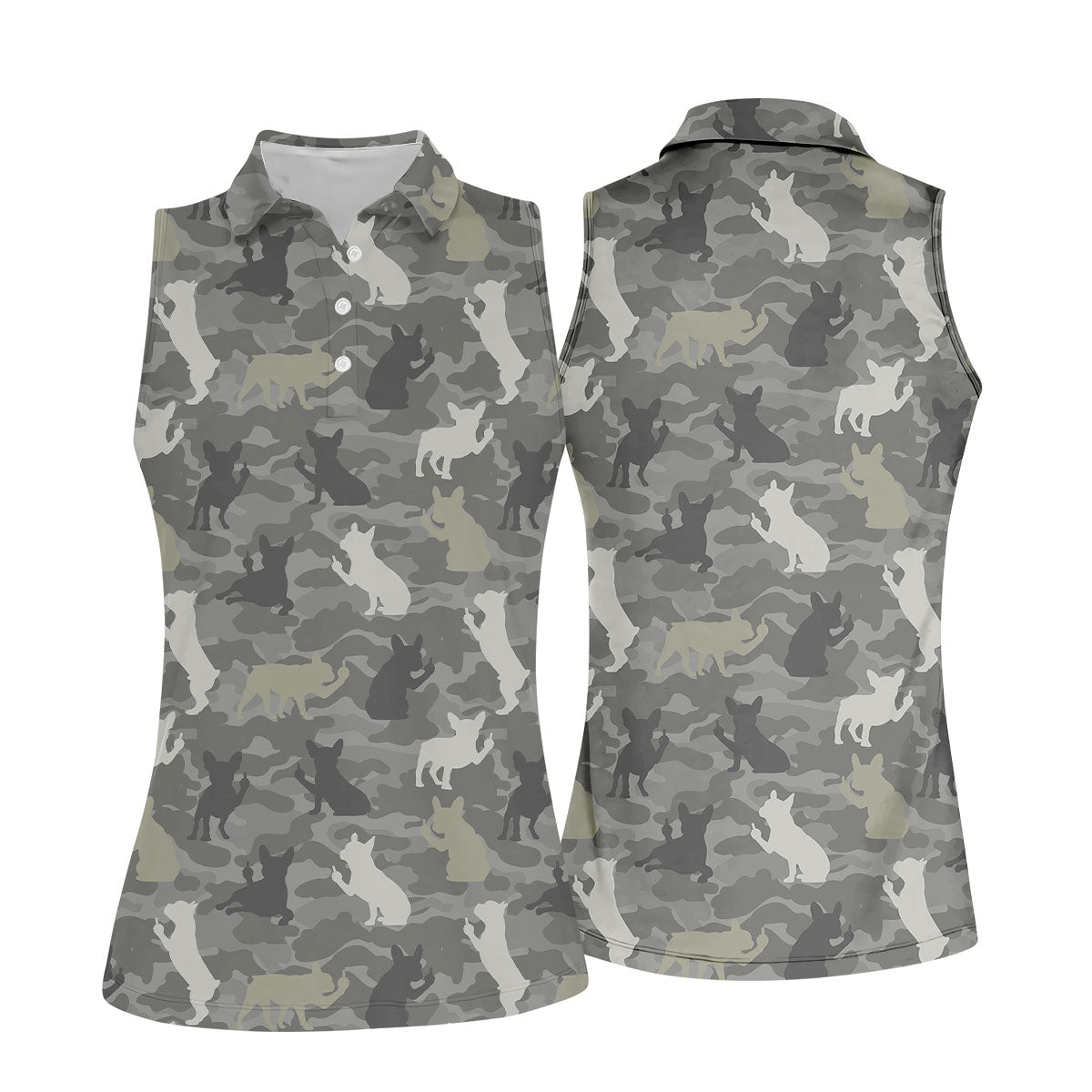 Grey Camo French Bulldog Pattern Golf Shirt, Women's Golf Shirt, Golf Polo For Women, Golf Shirts For Women