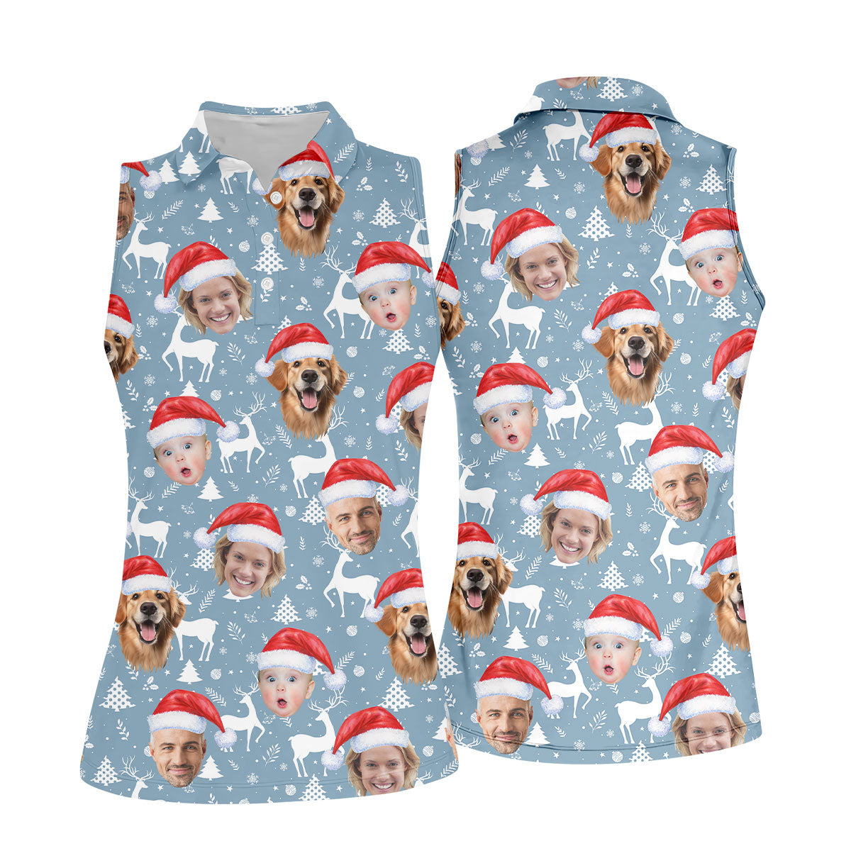 Custom Face Reindeer Pattern Ice Blue Christmas Golf Shirt, Women's Golf Tops, Golf Gift For Ladies