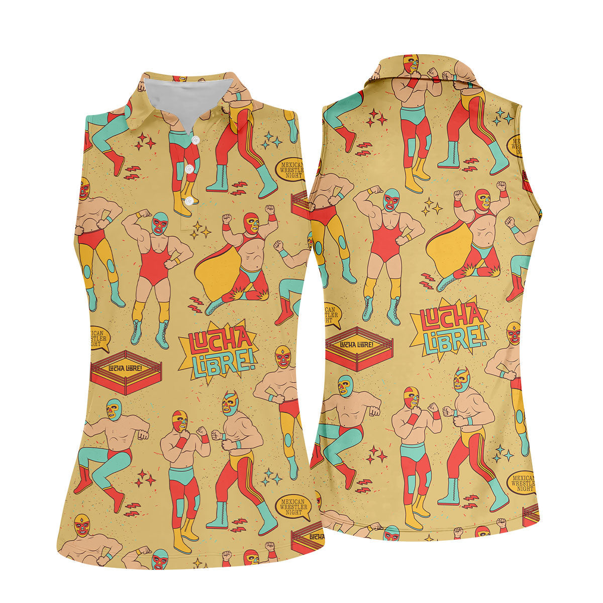 Yellow Lucha Libre Mexican Wrestler Pattern Golf Shirt, Hawaiian Golf Shirt, Ladies Golf Tops