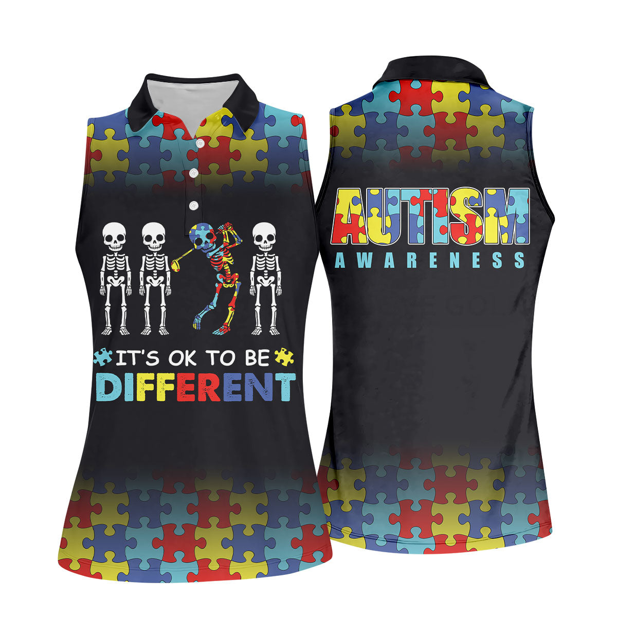 It's Ok To Be Different Women Polo Shirt, Autism Awareness Puzzle Pattern Black Fade Golf Shirts For Women, Autism Golf Shirt