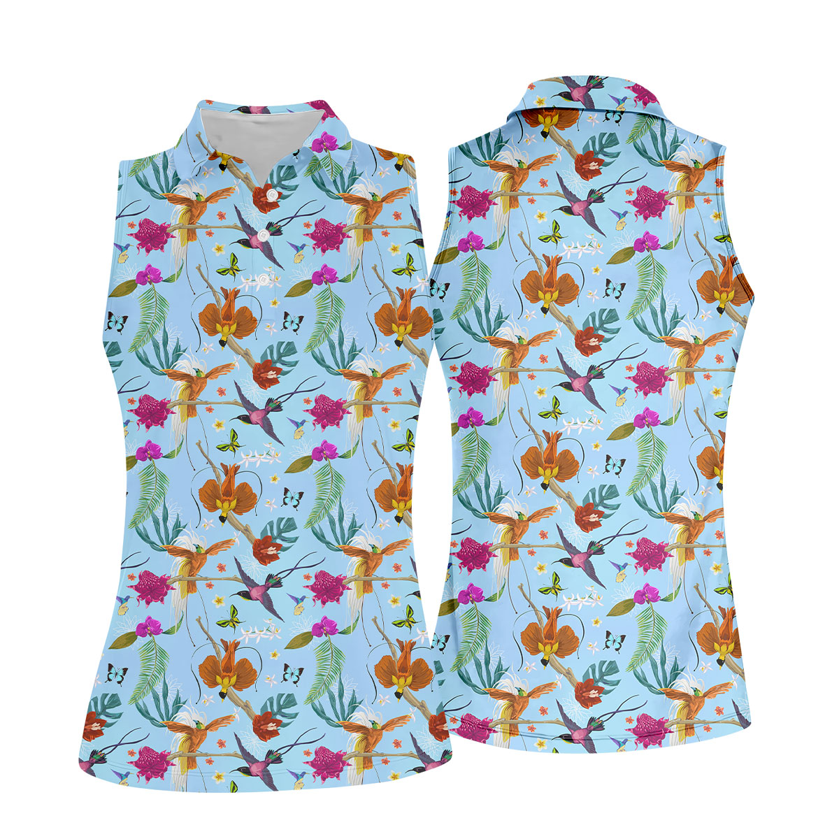 Hummingbird Paradise Golf Shirt, Tropical Flower Garden Pattern, Golf Shirt For Women